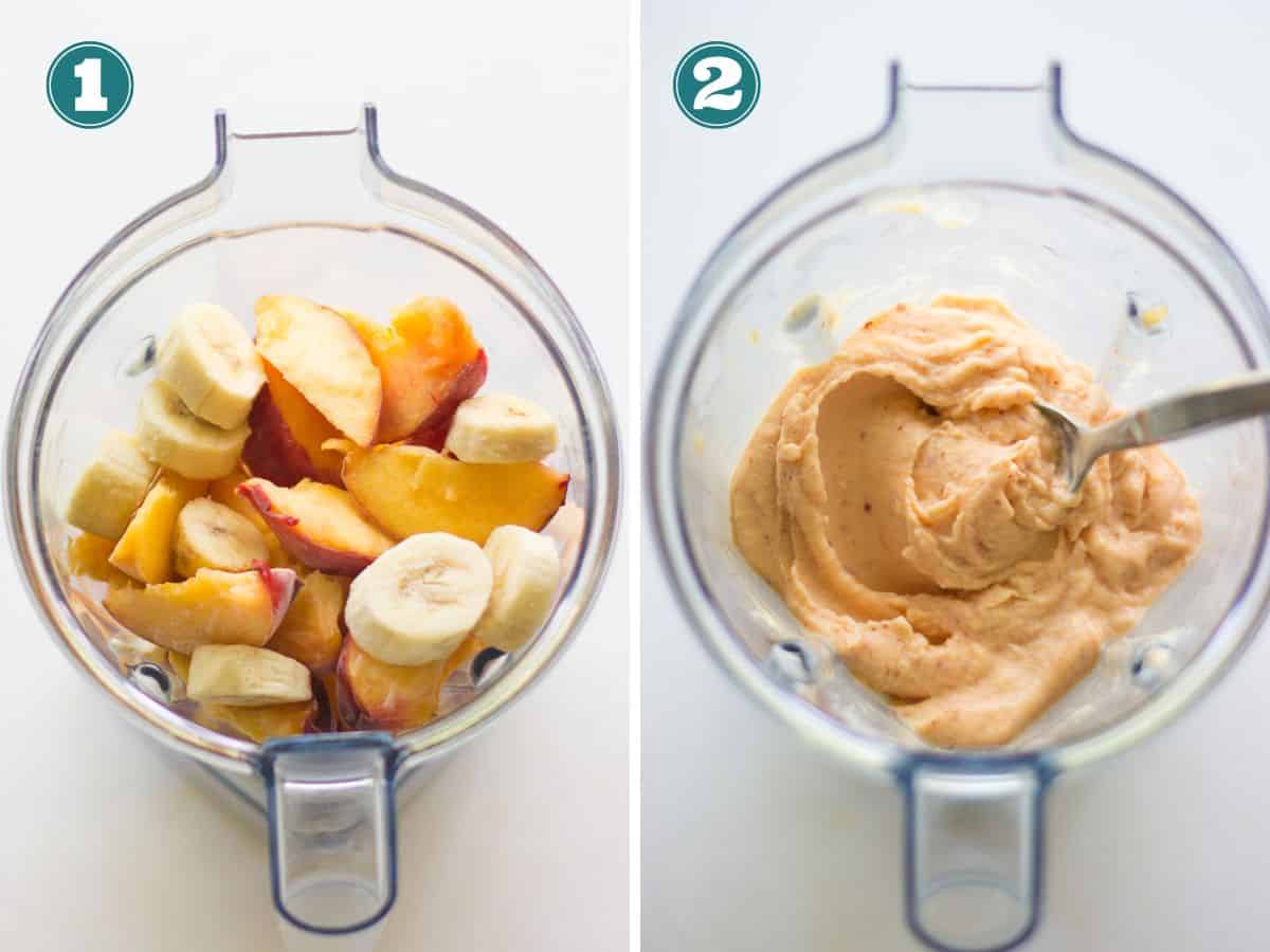 A two image collage showing how to make frozen yogurt.