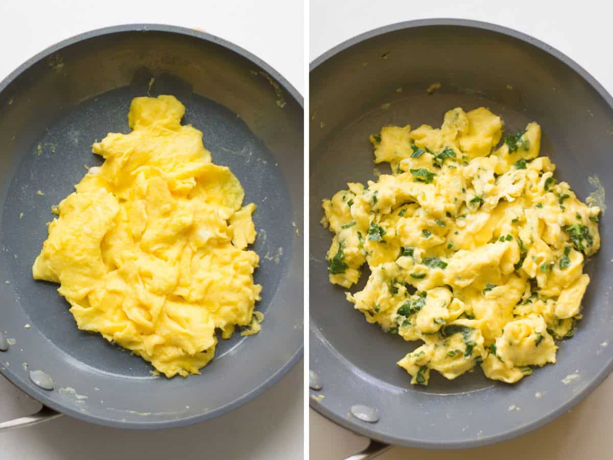 A two image collage showing plain scrambled eggs on the left and eggs with spinach on the right.