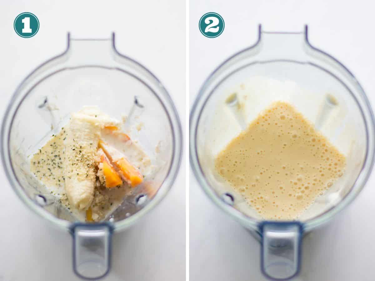 A two image collage of how to make peach smoothie.