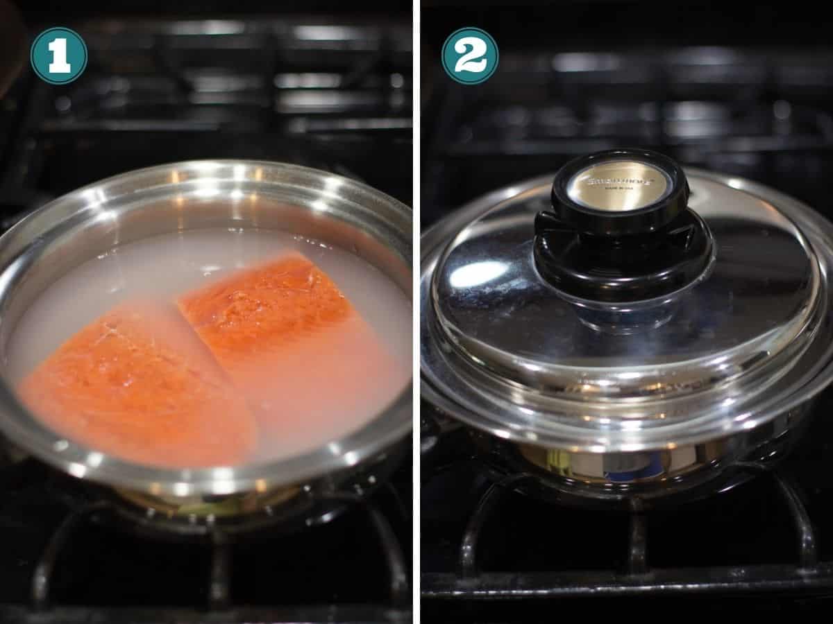 A two image collage showing how to poach salmon.