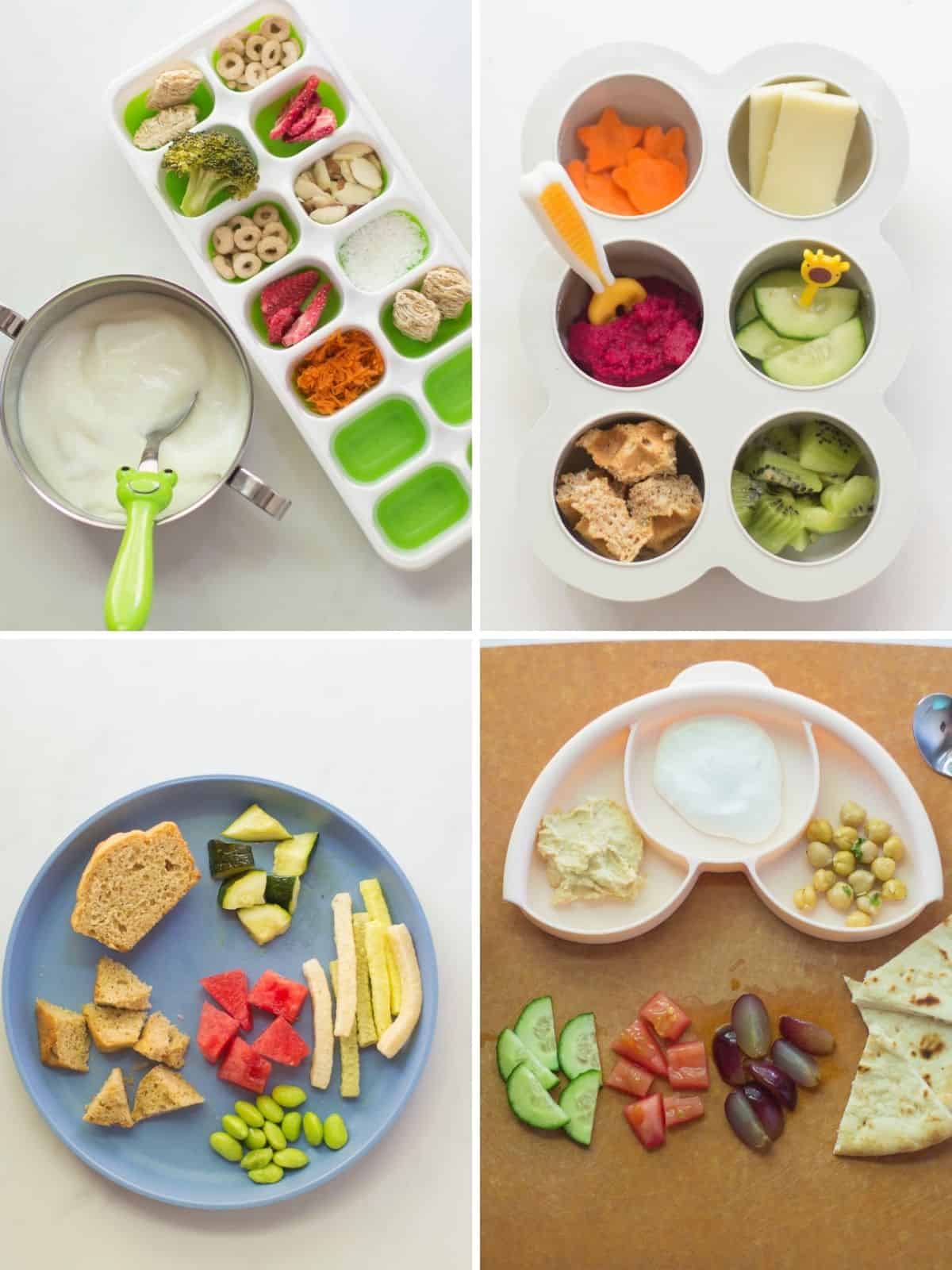 A four image collage showing unique snack trays.