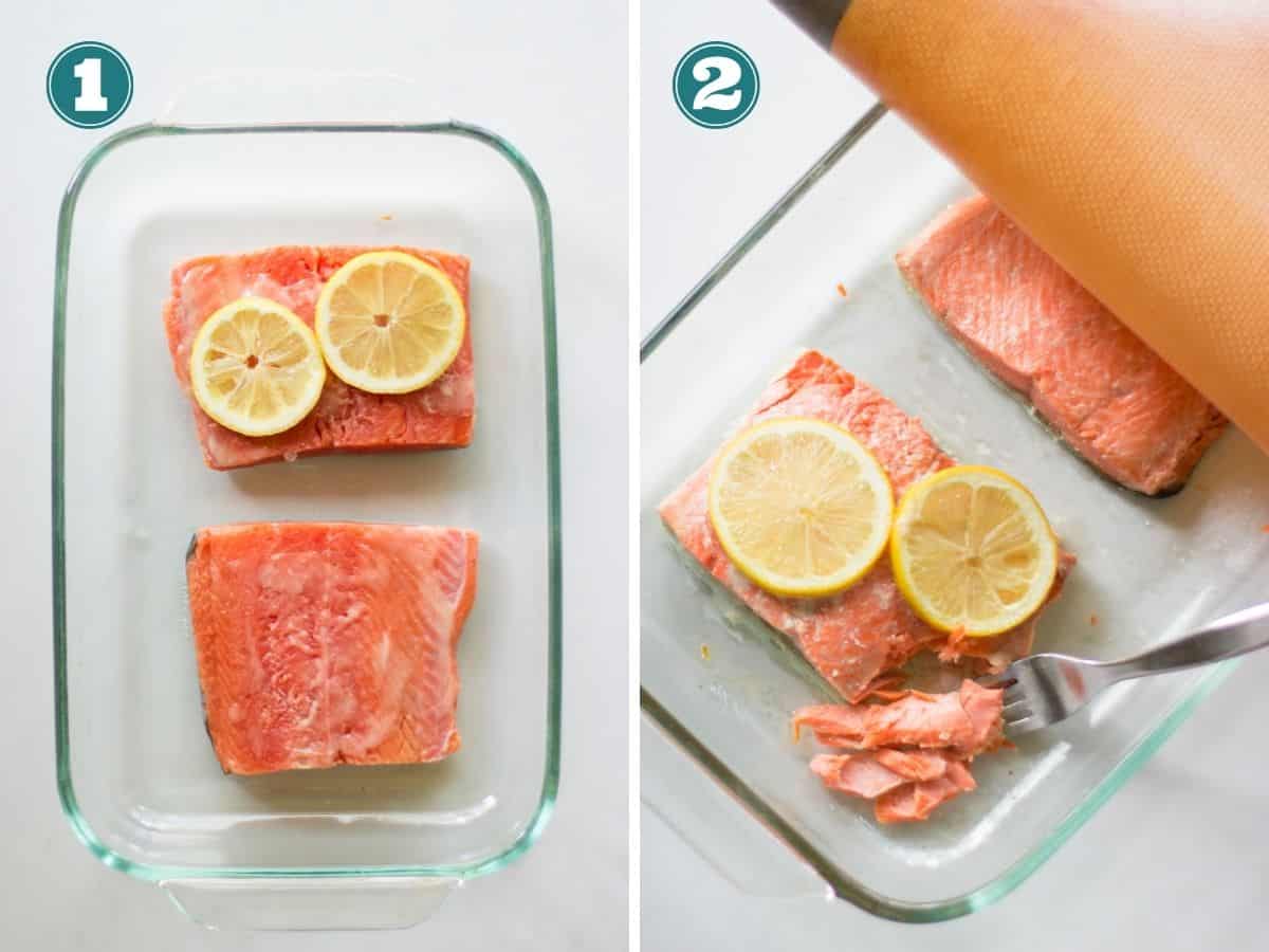 A two image collage showing before and after salmon is baked.