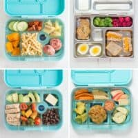 A four image collage with easy bento box lunch ideas.