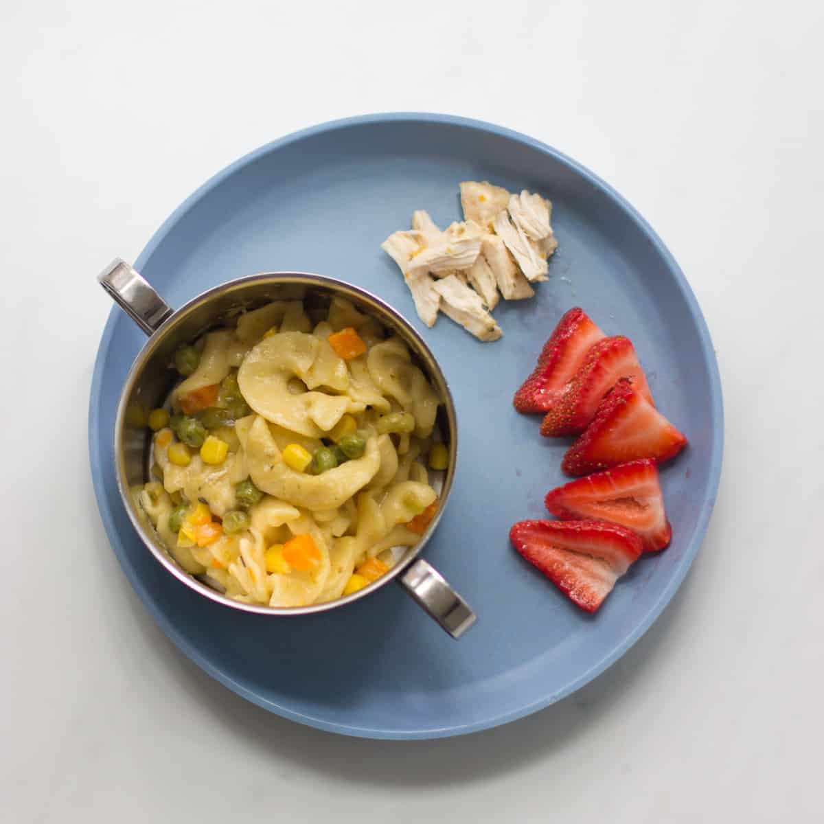 Chicken and noodles in a stainless steel bowl with sliced strawberries and chicken.