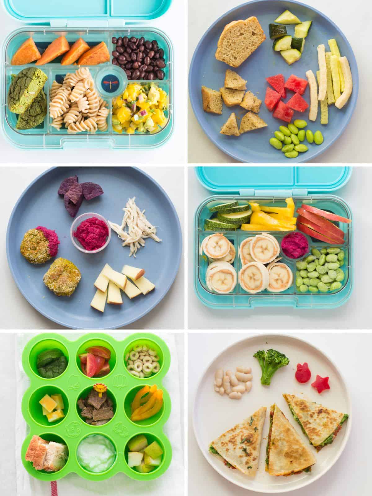 A six image collage of healthy lunch ideas.