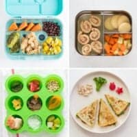 A four image collage of lunch ideas to enjoy at home or school.