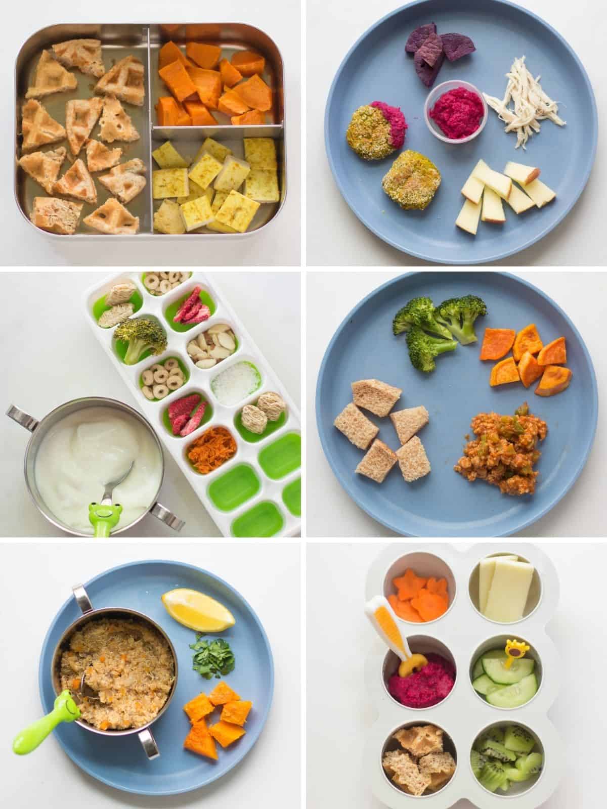 A six image collage of one year old meal examples.