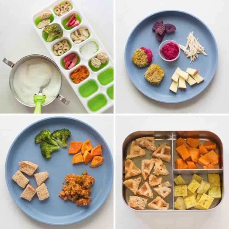 A four image collage of 1 year old meal examples.
