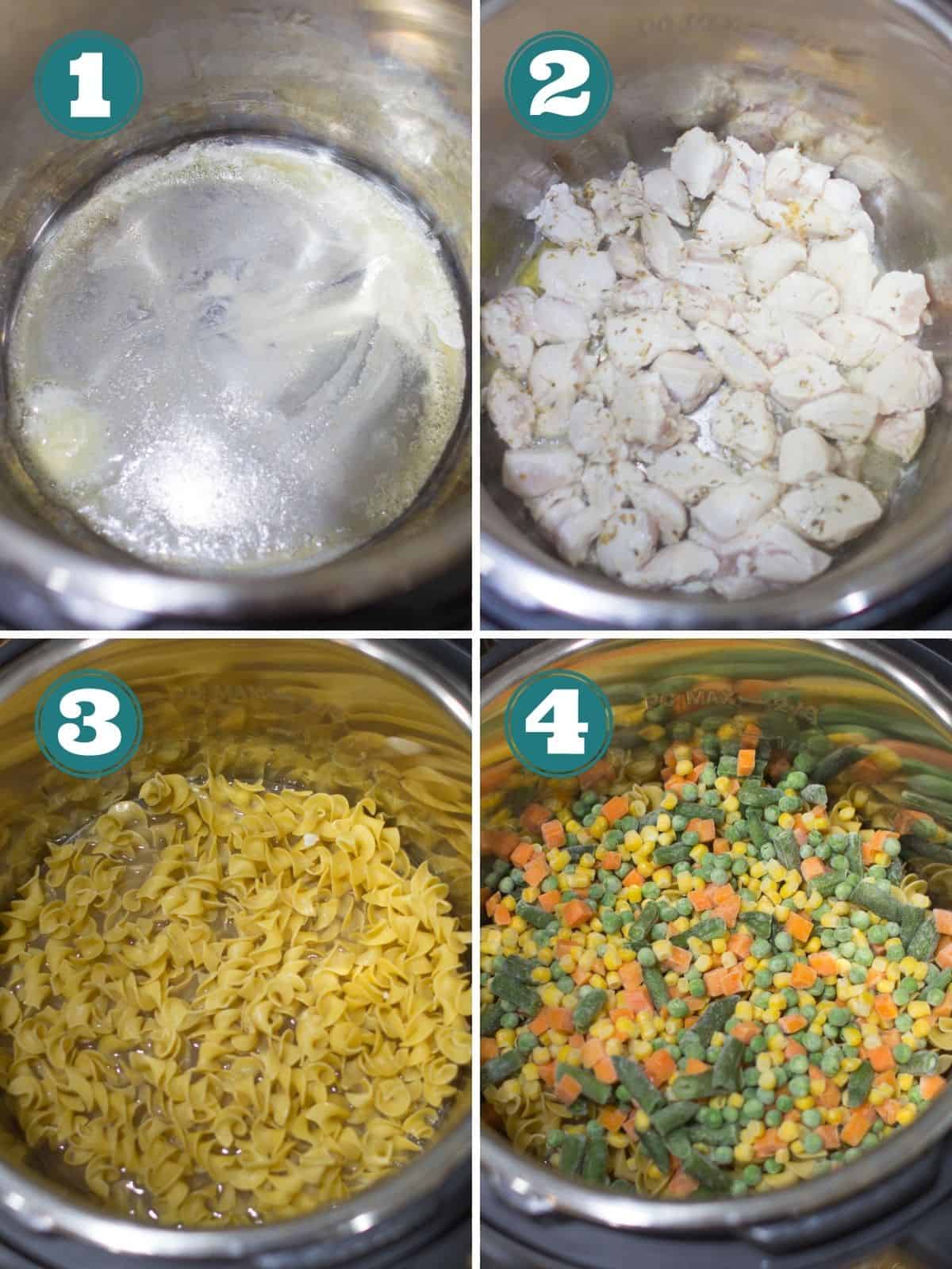 A four image collage showing how to make chicken noodles.