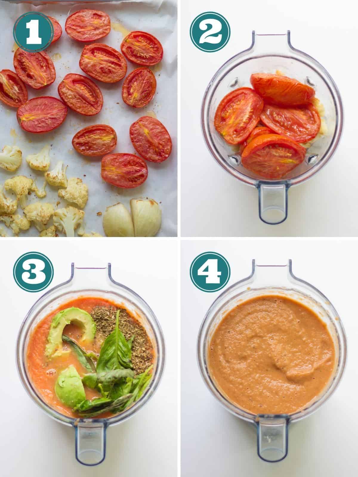 A four image collage showing how to make the soup in blender