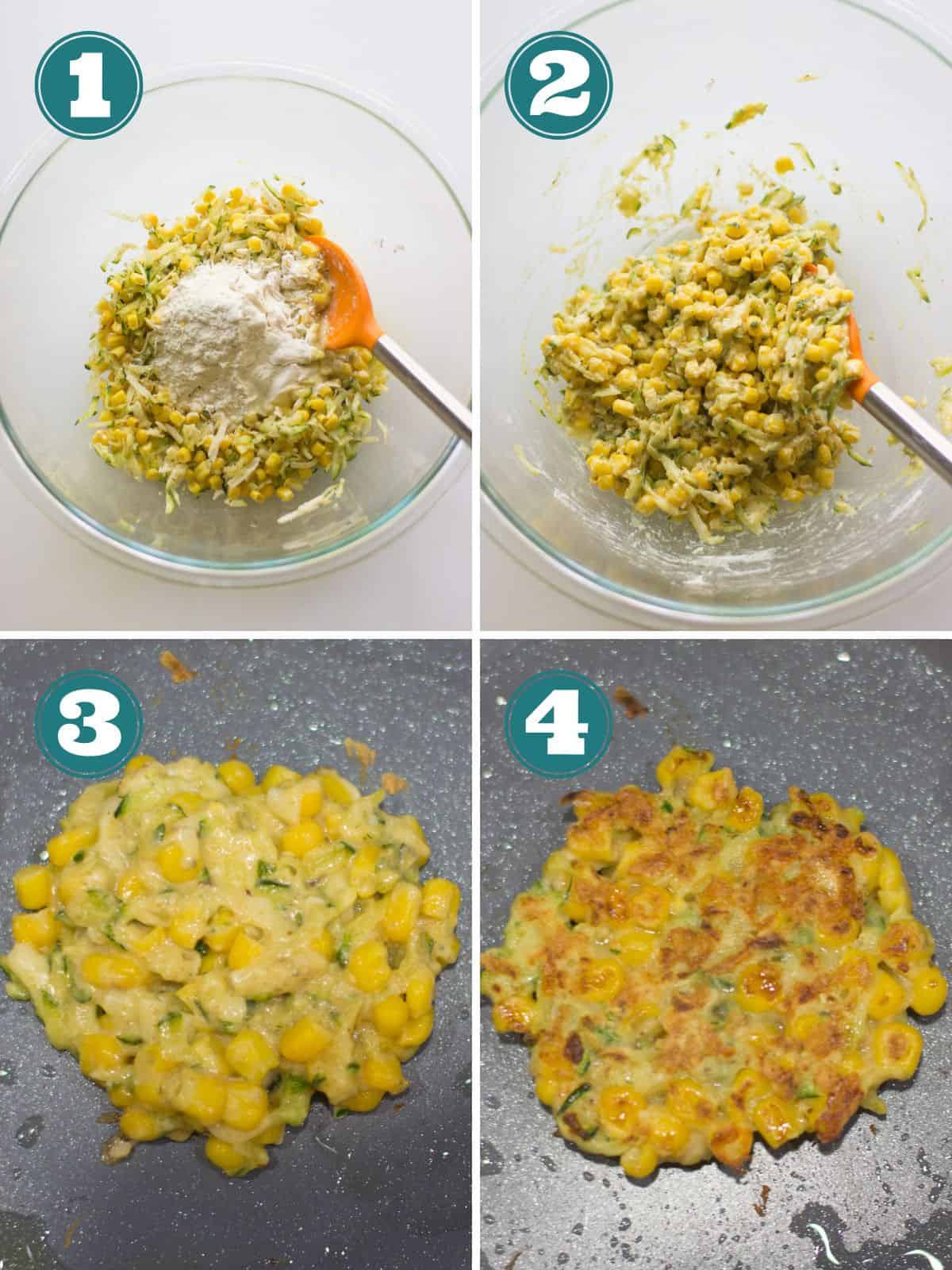 A four image collage showing how to make zucchini fritters.