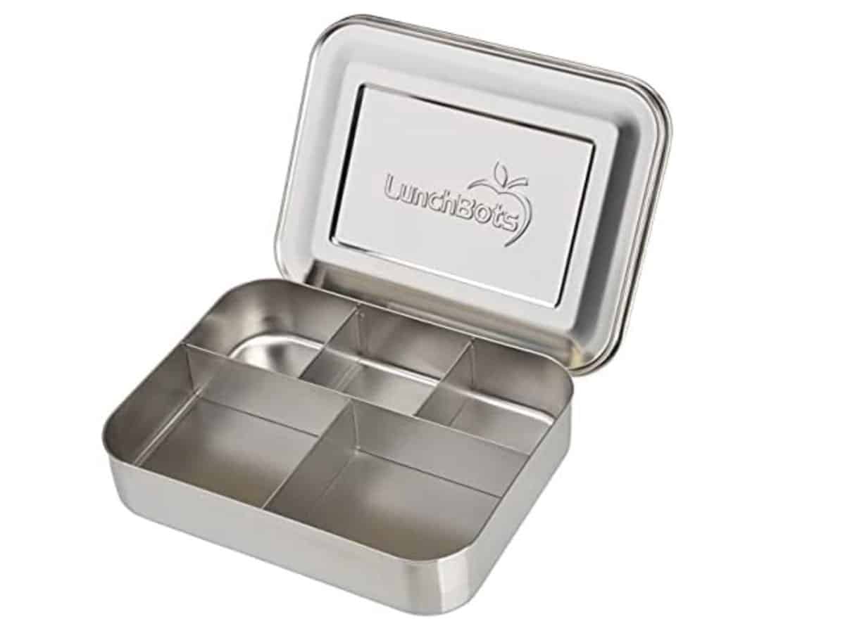 A five compartment stainless steel lunch box.