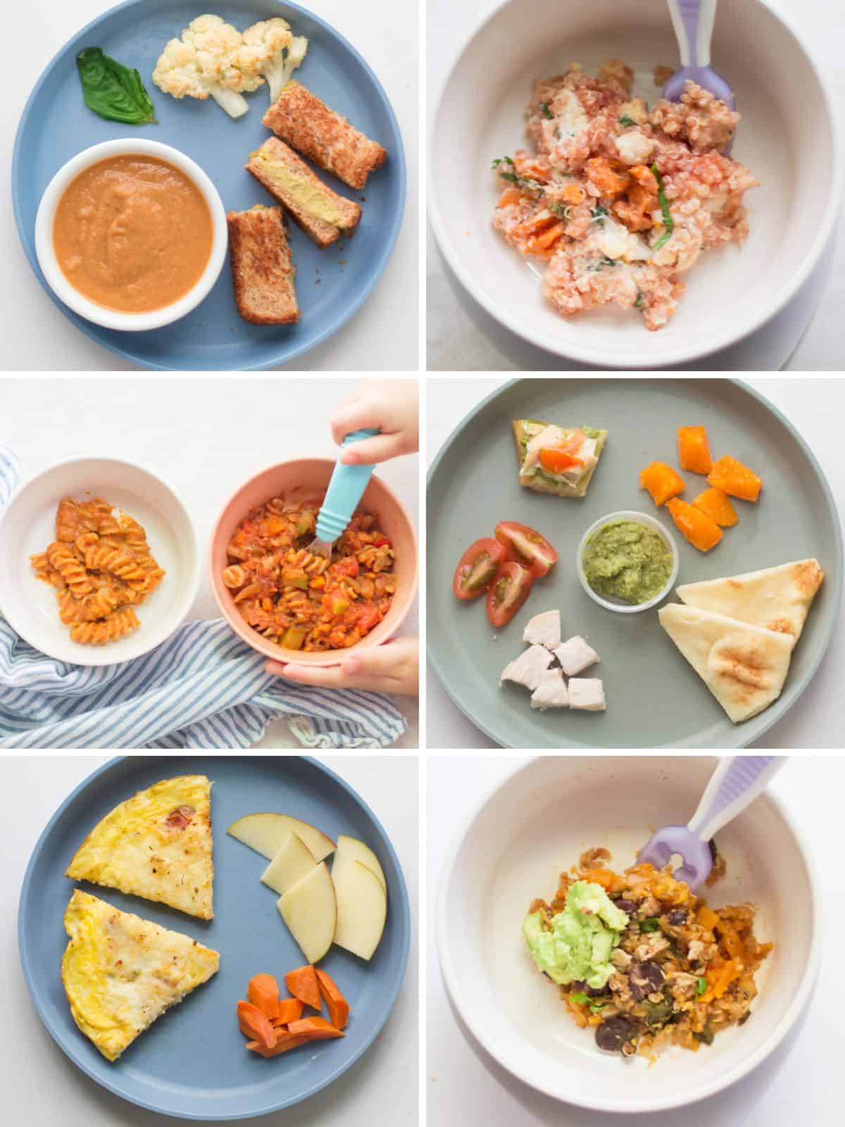 A six image collage of baby friendly tomato recipes.
