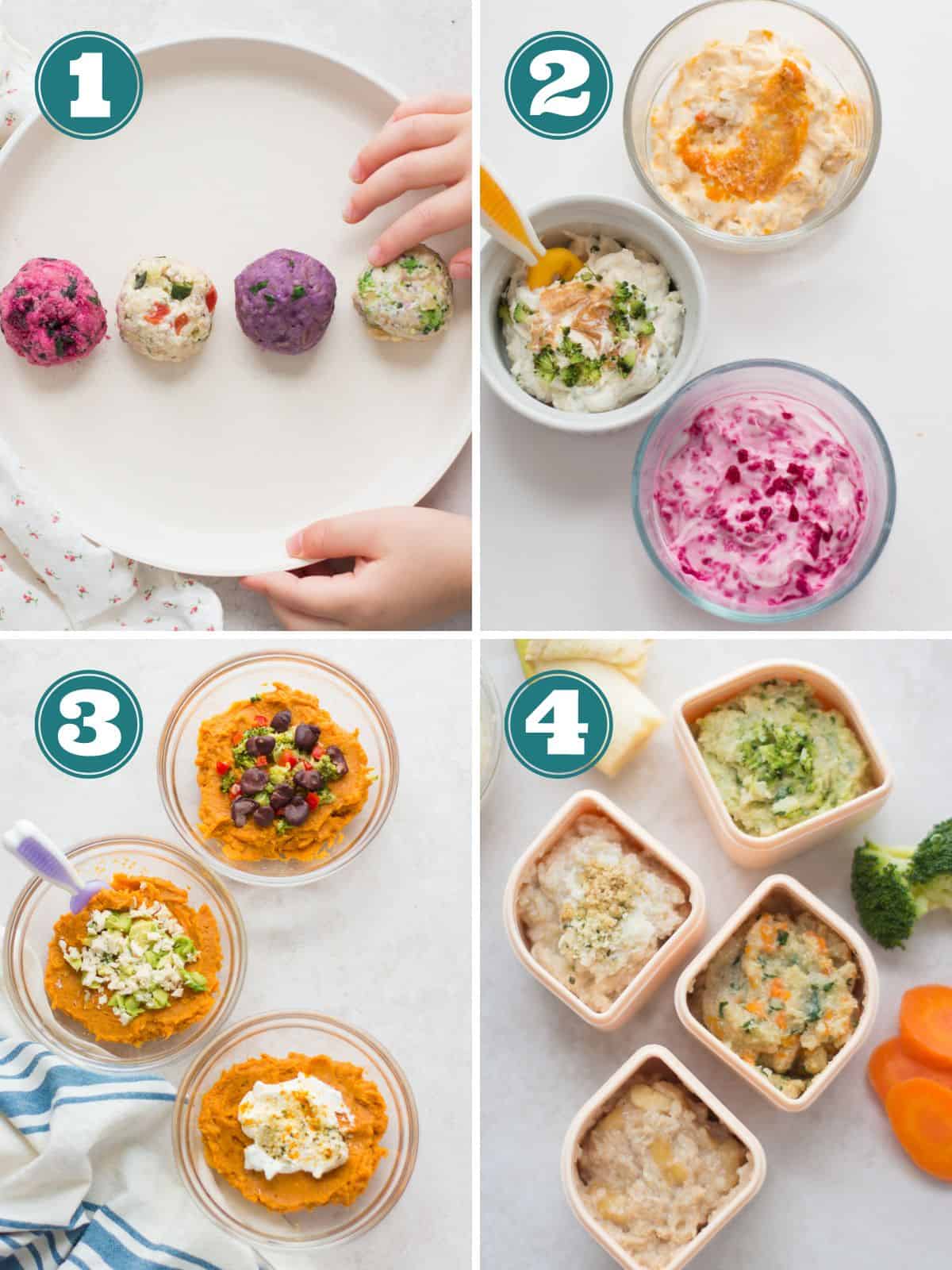 A four image collage showing how to add extra calories to oatmeal, yogurt, sweet potatoes, and quinoa.