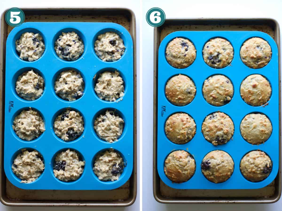 A two image collage of muffins in muffin pan before and after baking.