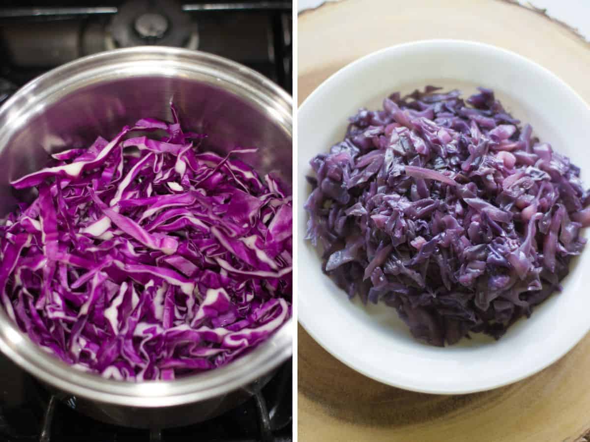 A two image collage showing before and after red cabbage is  braised.