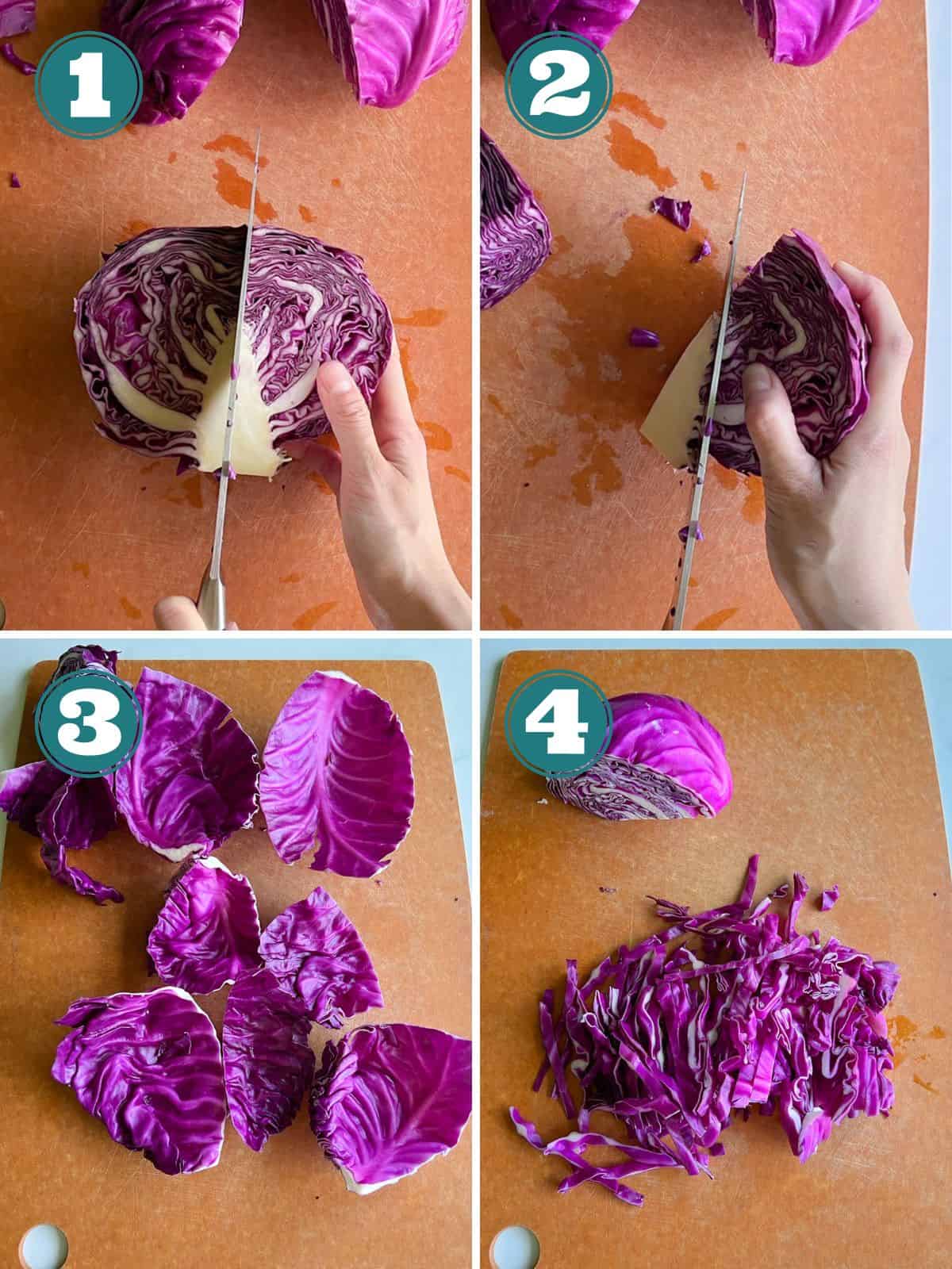 A four image collage showing how to slice a head of cabbage.