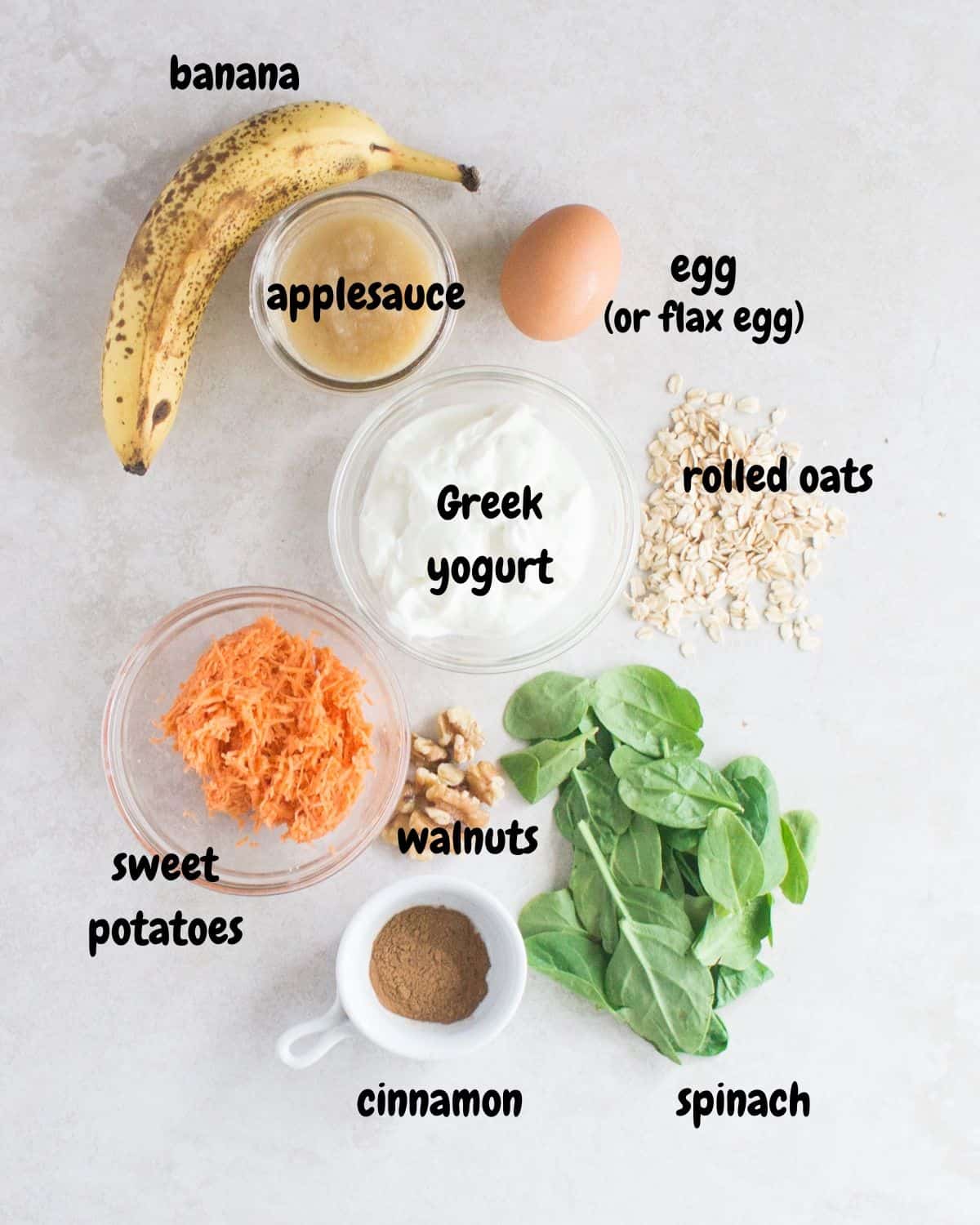 All the ingredients laid out on a white background and labelled.