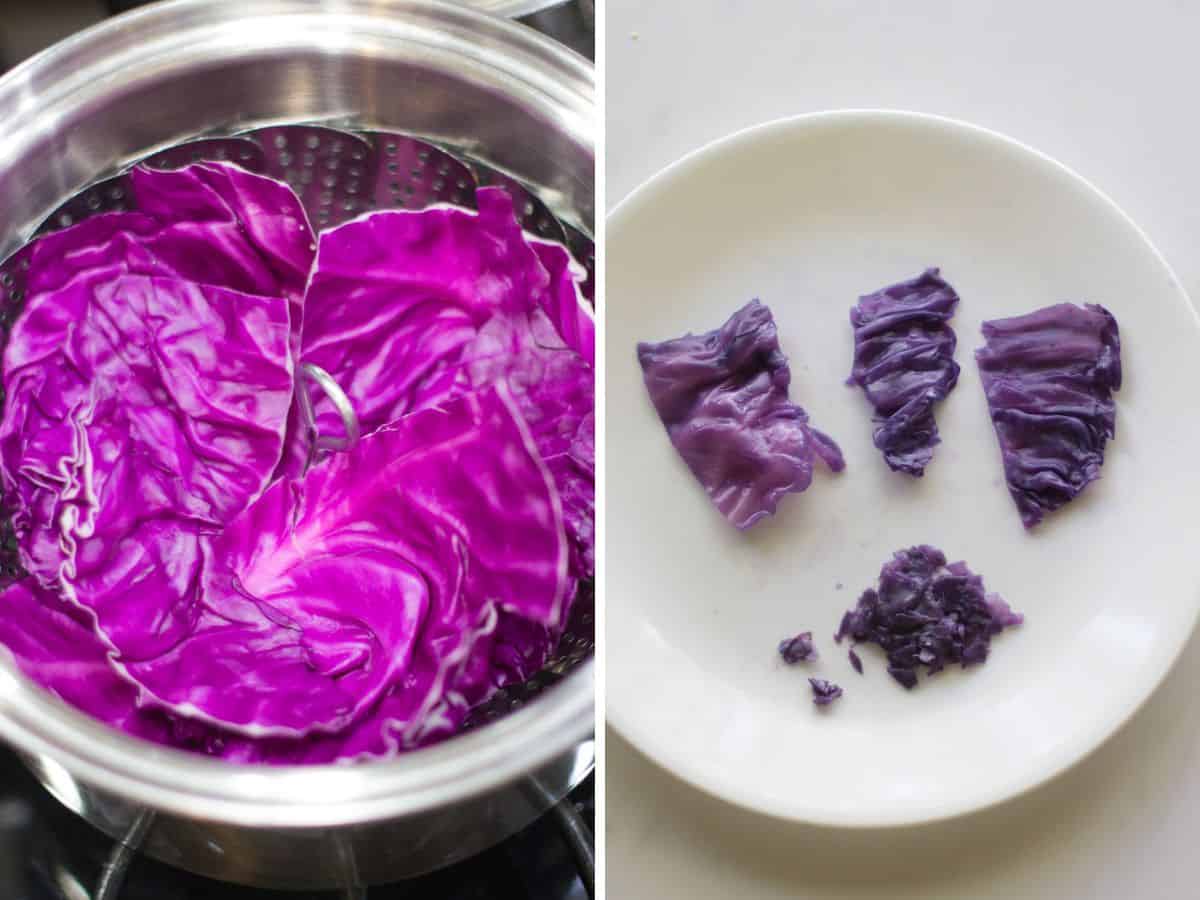 A two  image collage showing how to steam cabbage and slice for babies.