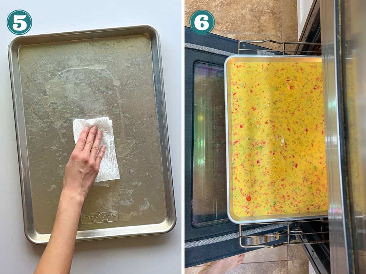 A two i mage collage showing how to prepare and pour the sheet pan eggs into baking sheet.