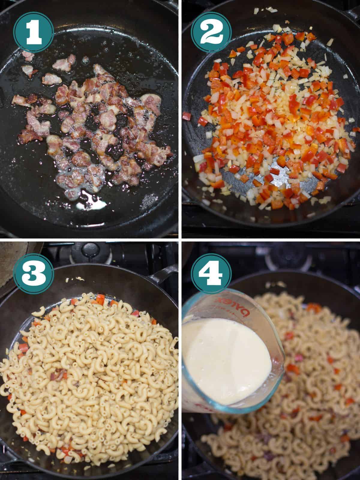 A four image collage of how to cook macaroni carbonara step by step.