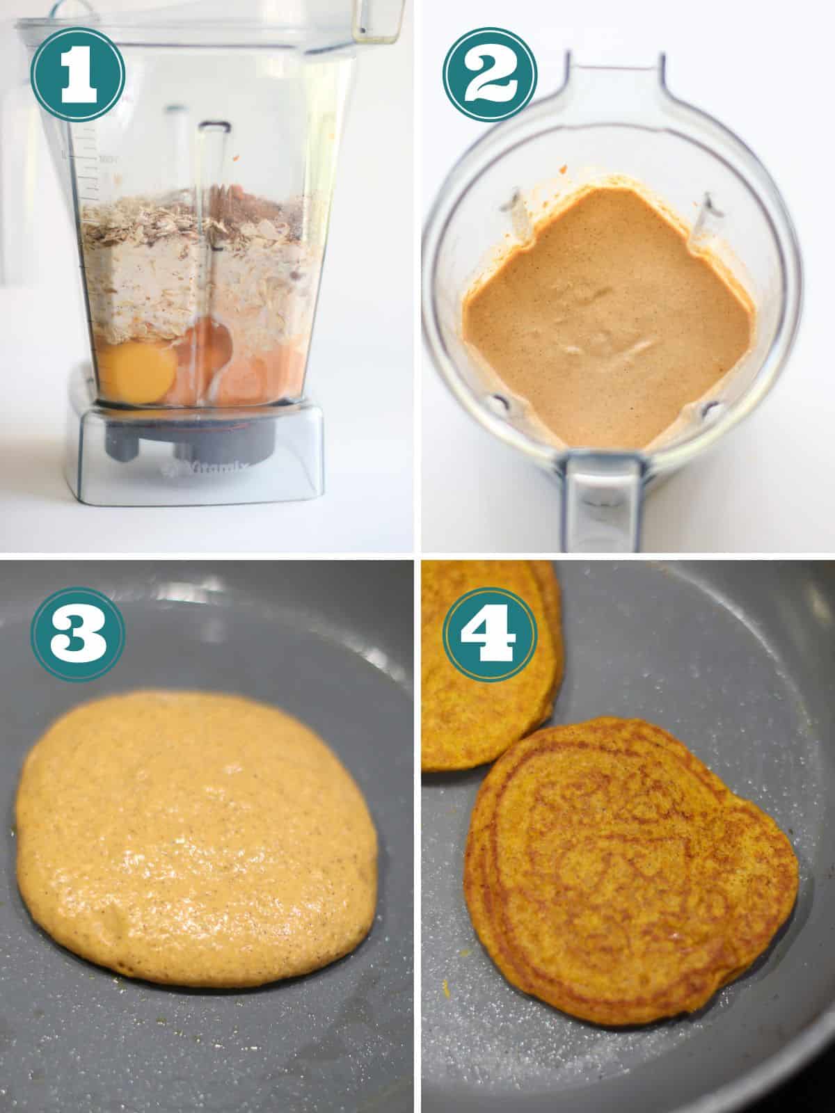 A four image collage showing how to cook pumpkin pancakes.