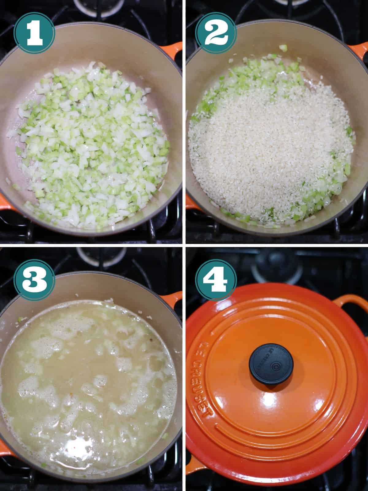 A four image collage of how to make risotto.