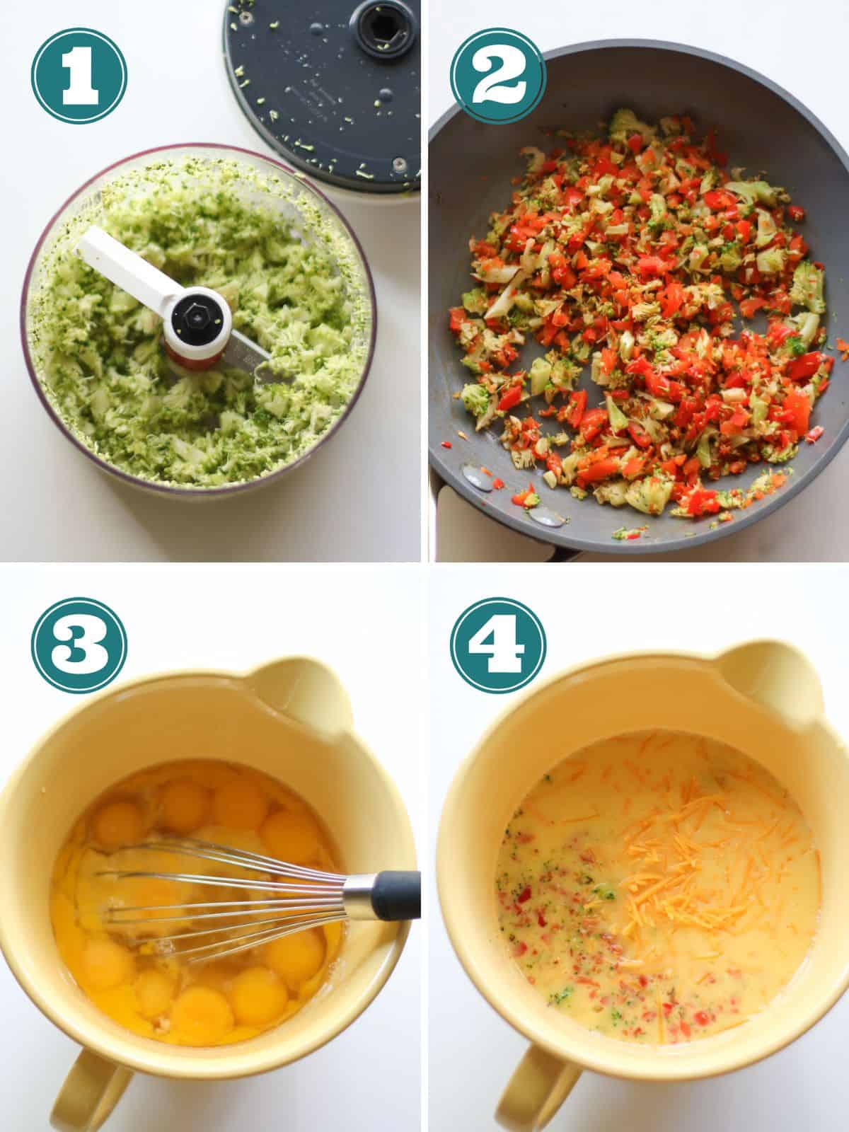 A four image collage showing step by step cooking process.