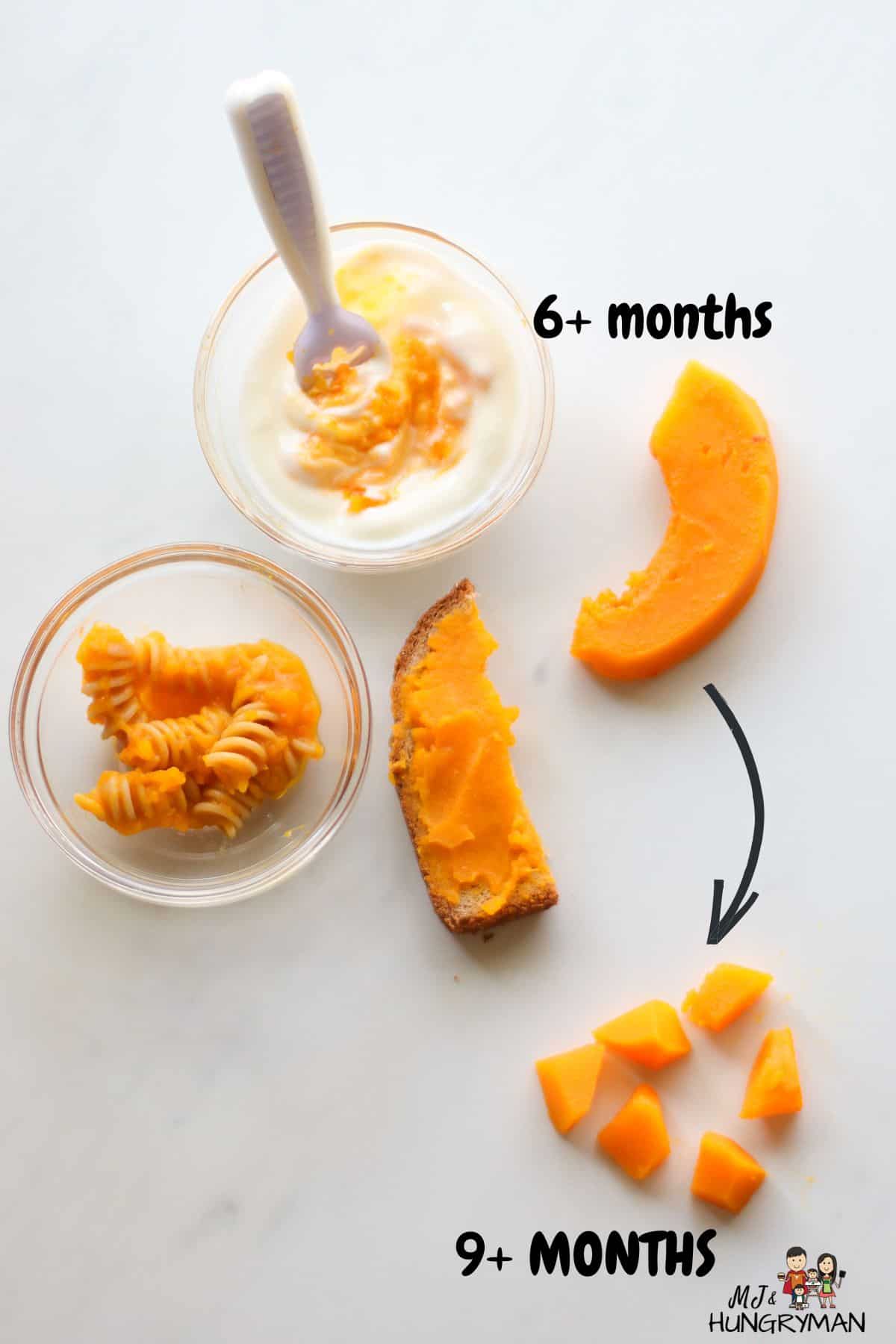 A visual showing how to serve pumpkin according to baby's age.