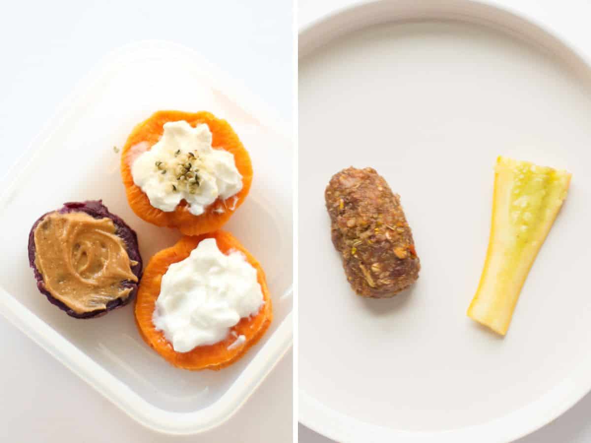 Sweet potato rounds with toppings on the left and meatball and squash on the right.