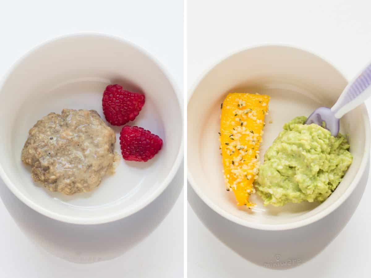 Cookie with raspberries on the left and mango rolled in hemp seeds with mashed avocado on the right.