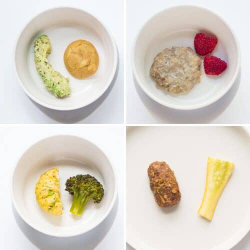 A four image collage of healthy baby snacks including iron.