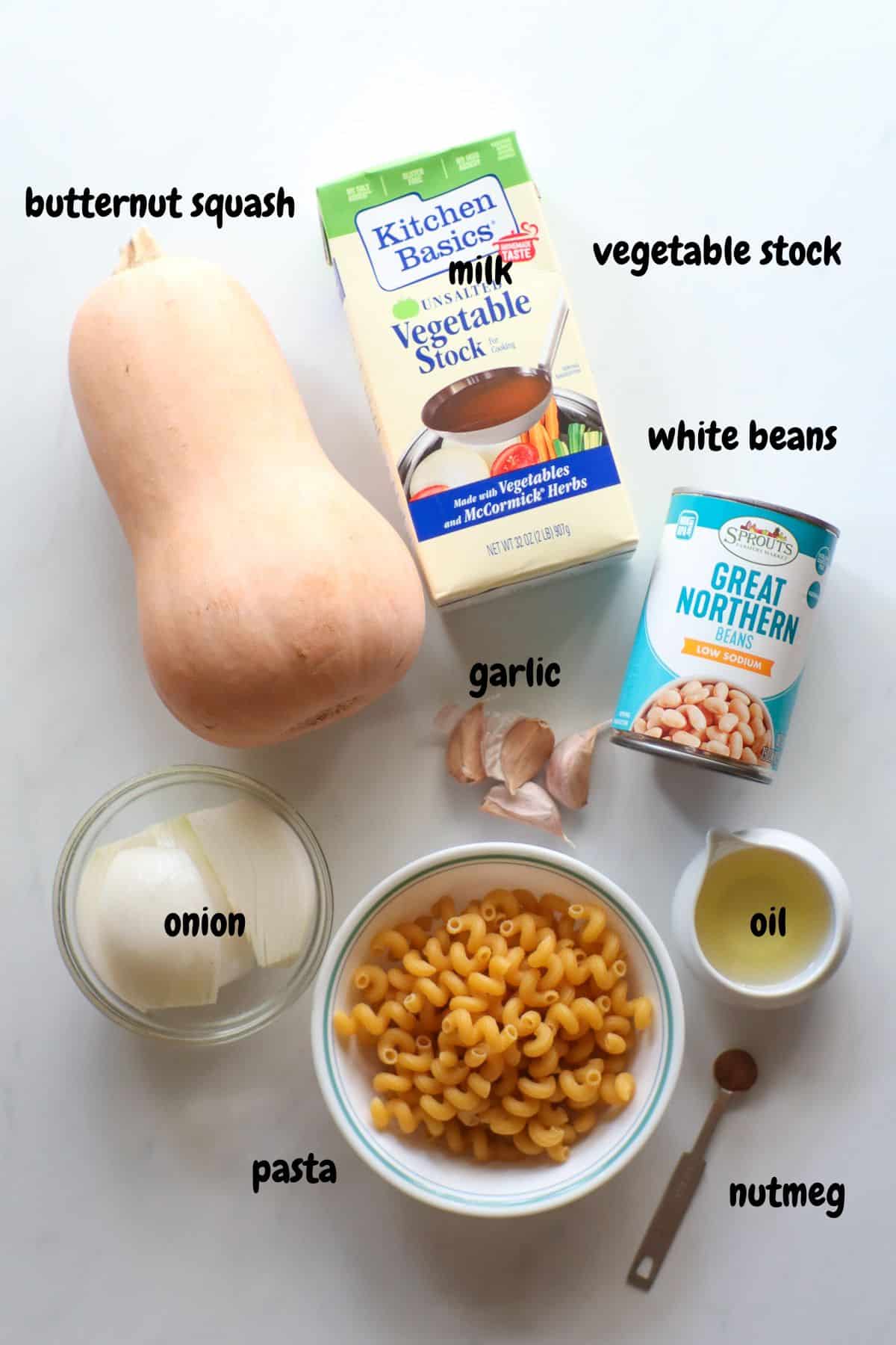 All the ingredients labeled and laid out on a white background.