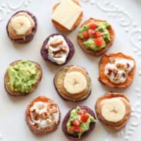 Baked Sweet potato rounds with an assortment of toppings.
