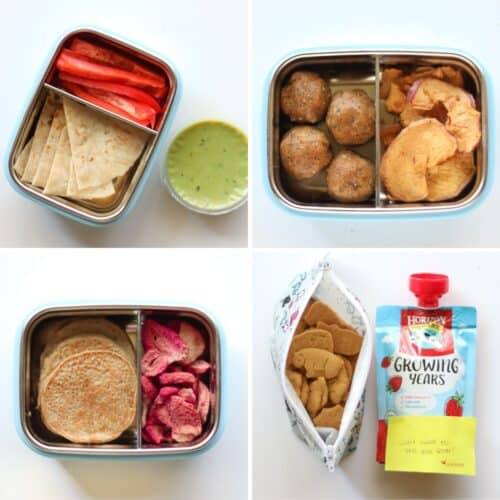 A four image collate of simple school snack ideas.