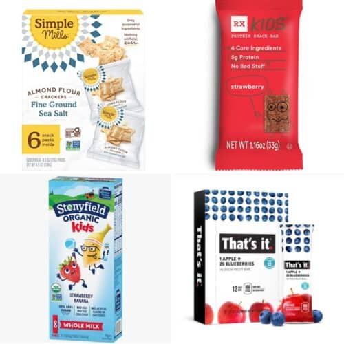 A four image collage of healthy store-bought snacks for kids.