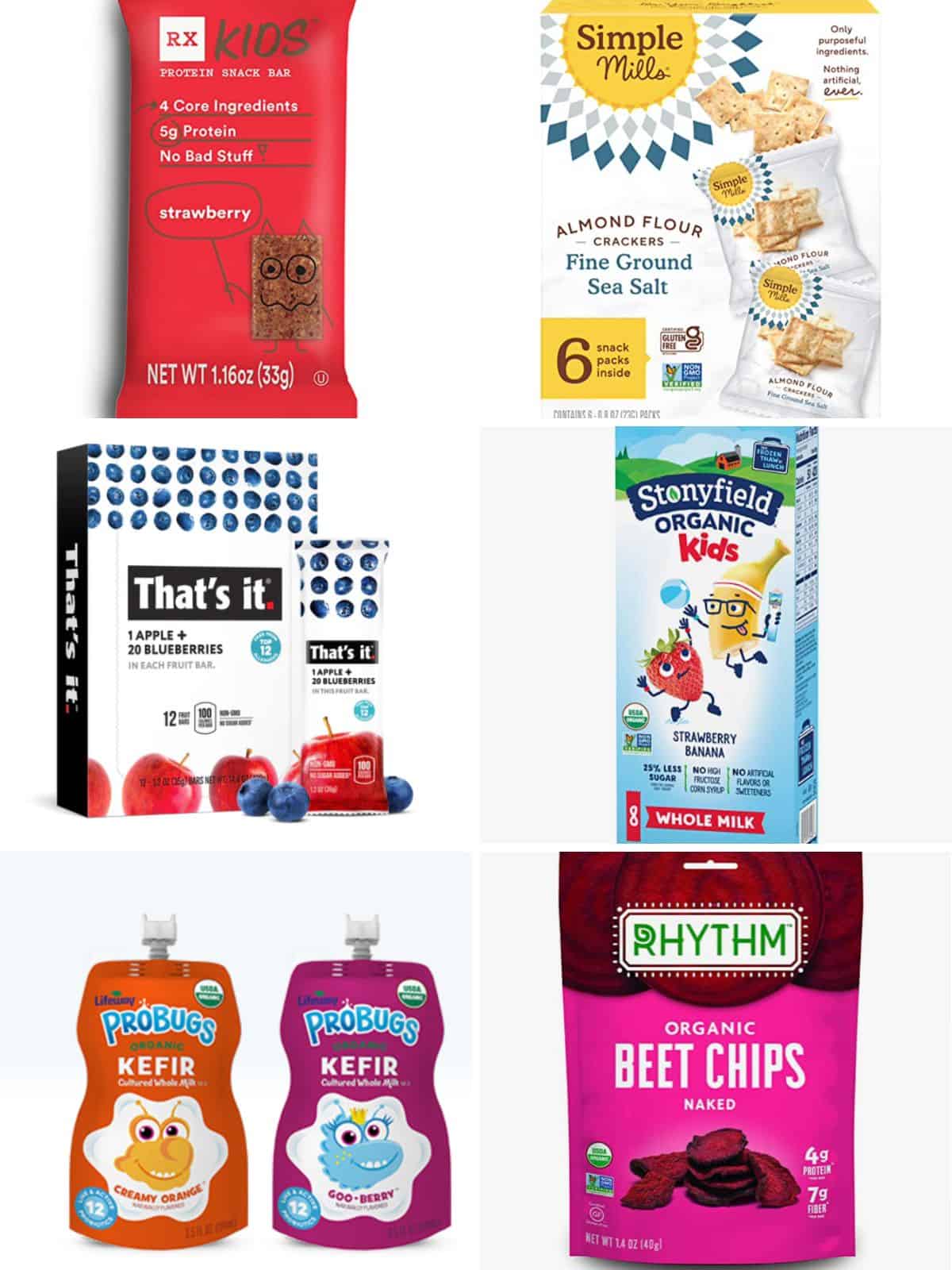 A six image collage of healthy store bought snacks.