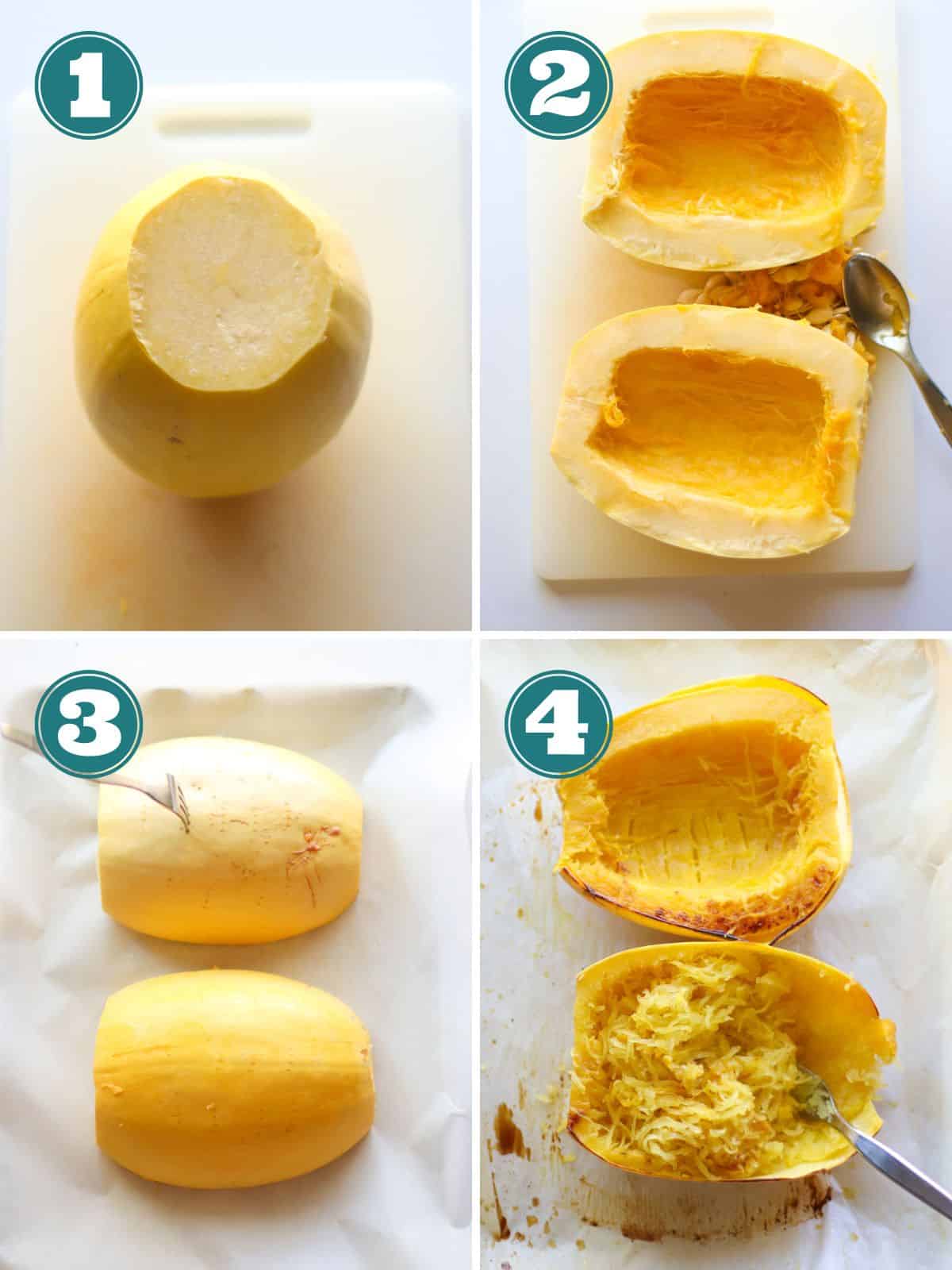 A four image collage of how to cook spaghetti squash.