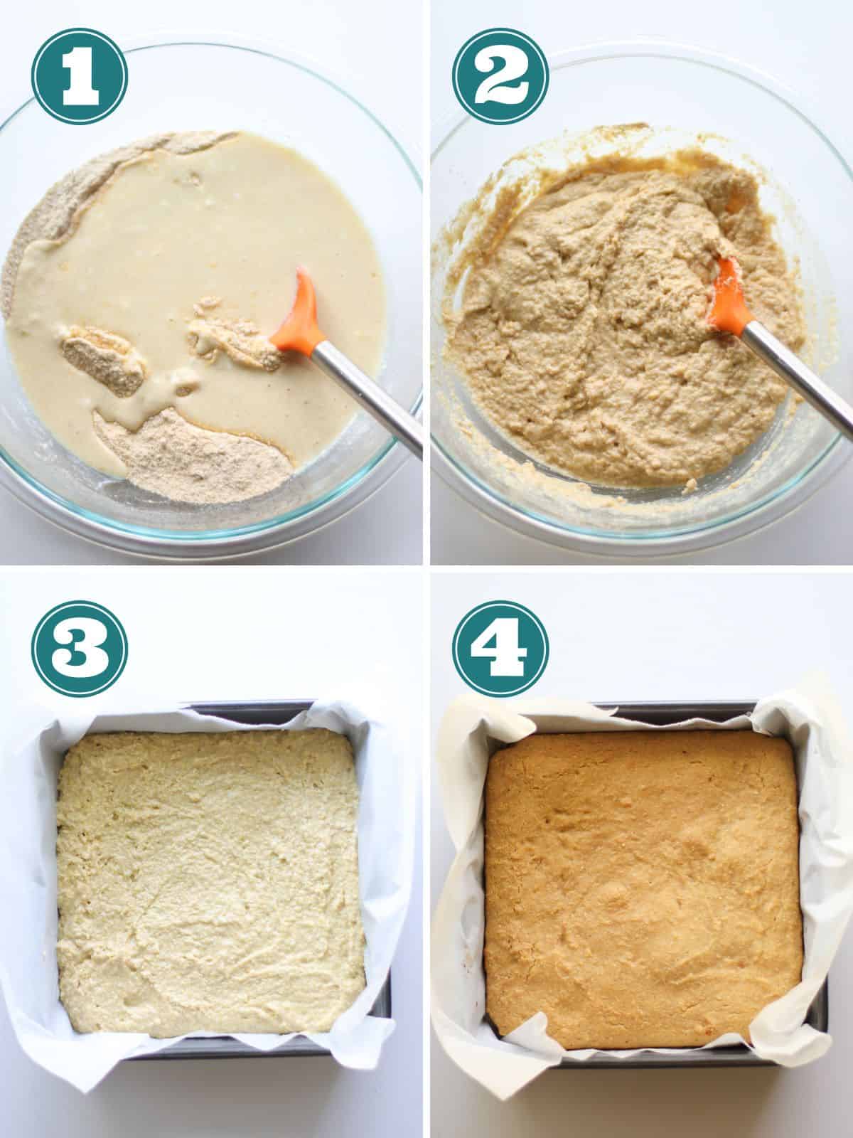 A four image collage of how to make cornbread step-by-step.