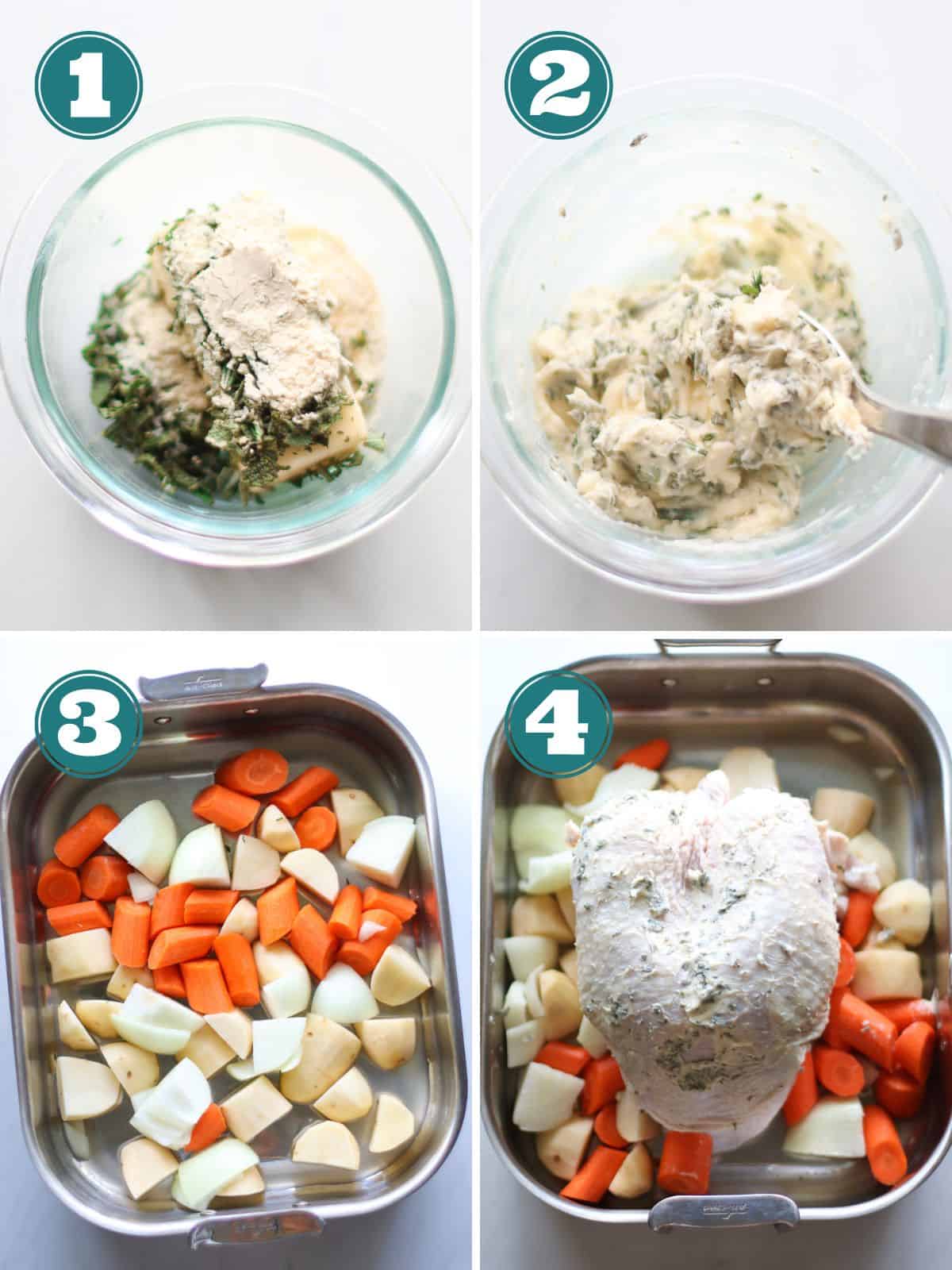 A four image collage of how to cook the turkey breast.