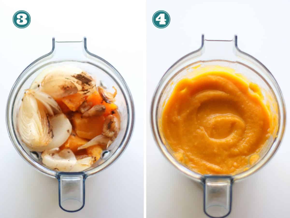 A two image showing before and after blending vegetables.
