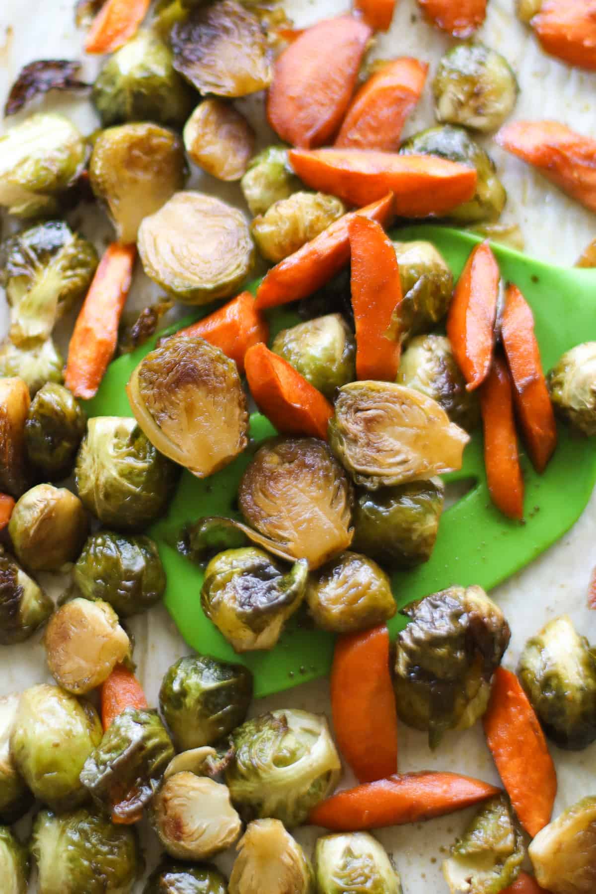 A close up shot of roasted brussels sprouts and carrots.