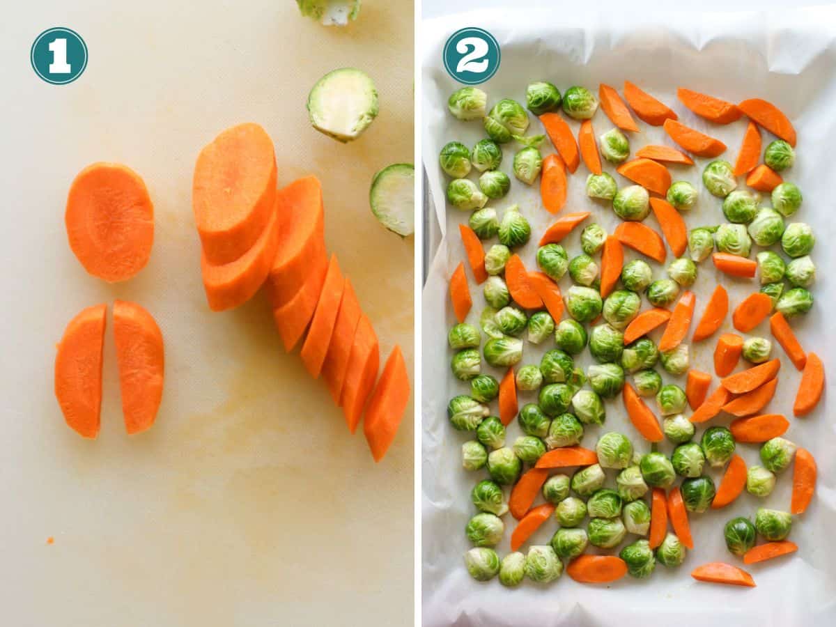 How to slice carrots and place on baking sheet.