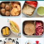 A six image collage of easy and healthy school snack ideas.