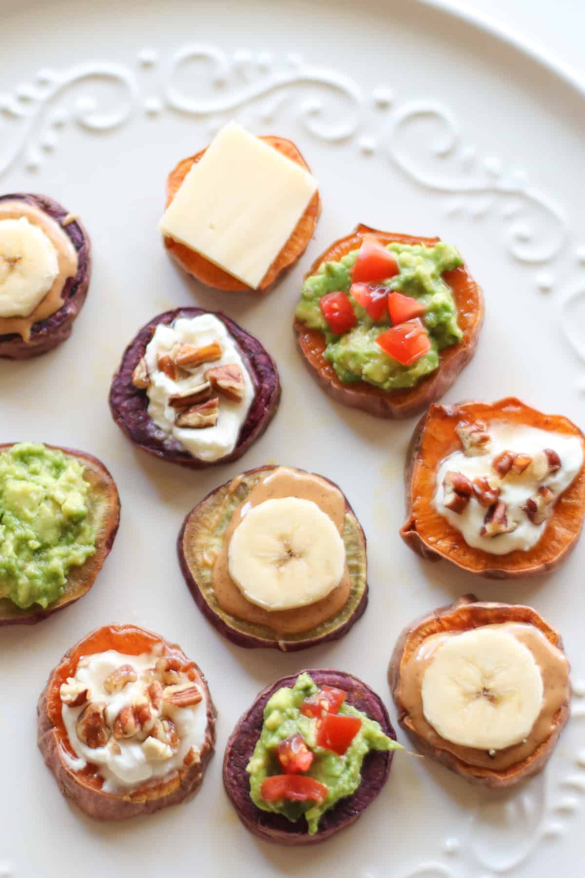 Baked Sweet potato rounds with an assortment of toppings.