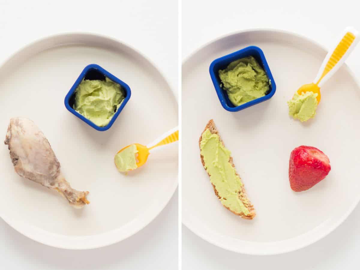 Avocado puree served with chicken on the left and with toast on the right.