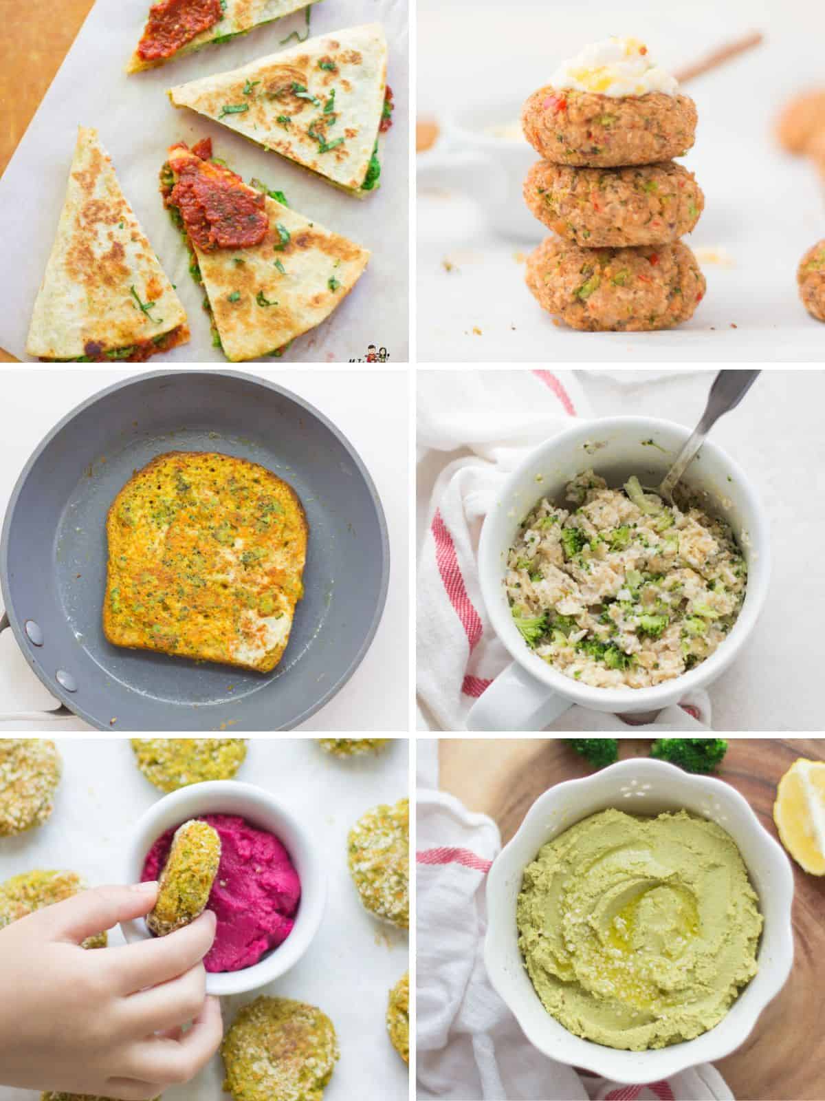 A six image collage of recipes to add leftover broccoli to.