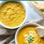 Pureed and chunky carrot lentil soup in separate bowls.