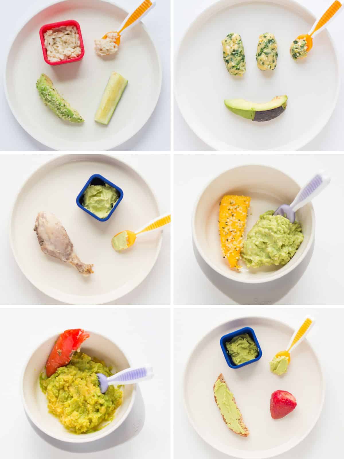 A six image collage of different ways to serve avocado to babies.