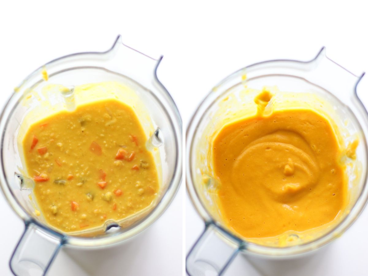 A two image collage of before and after blending the soup.